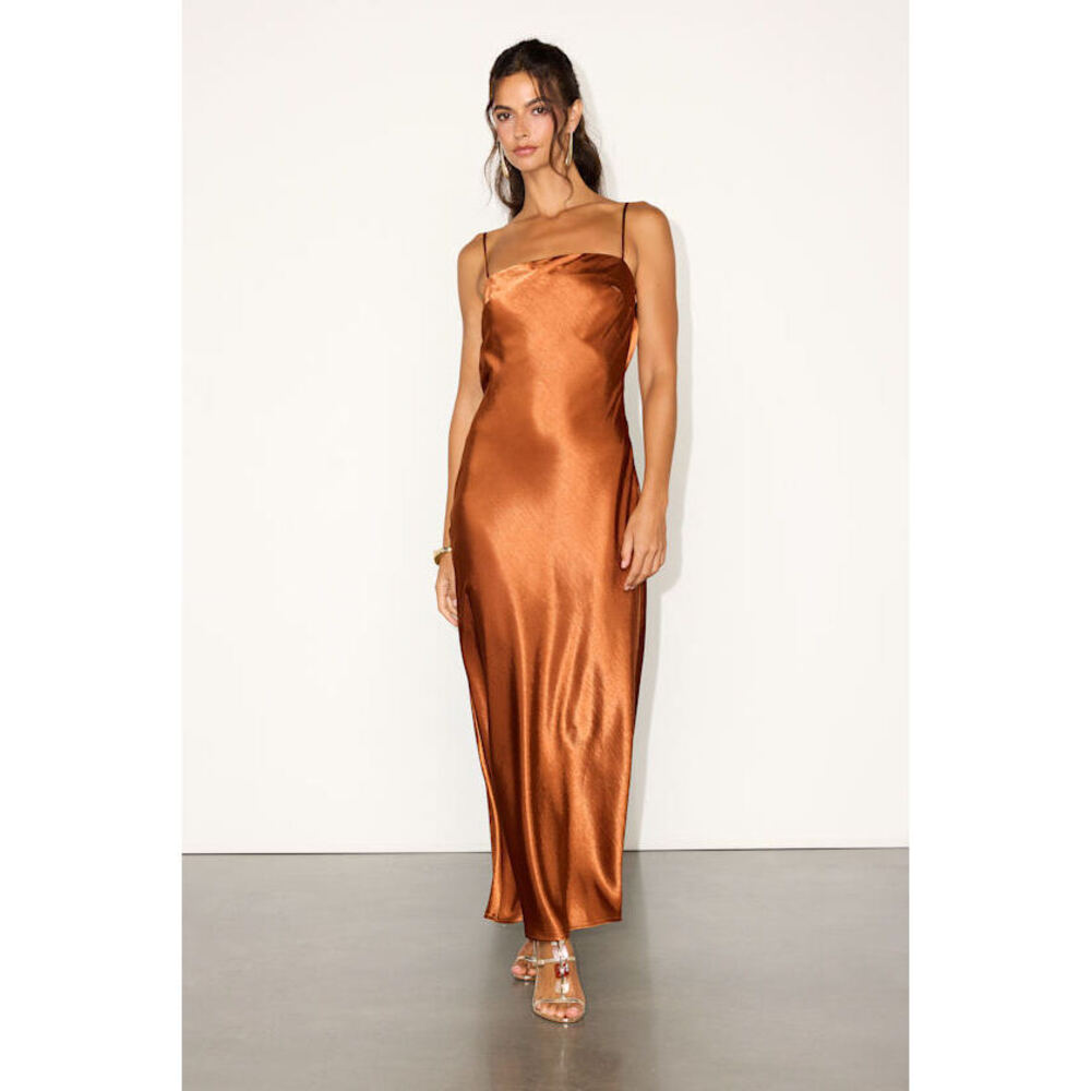 Lulus Hartley Copper Satin Tie-back Maxi Dress Brown - Size S